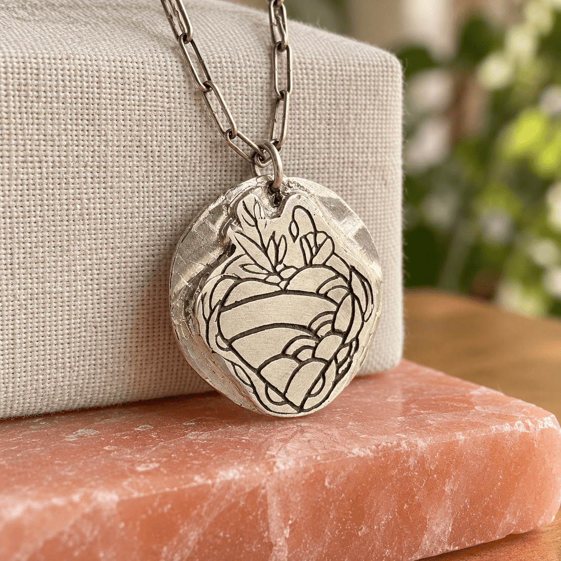 Garden Heart Hand-Carved Sterling Silver Necklace — One of a Kind - Chocolate and Steel