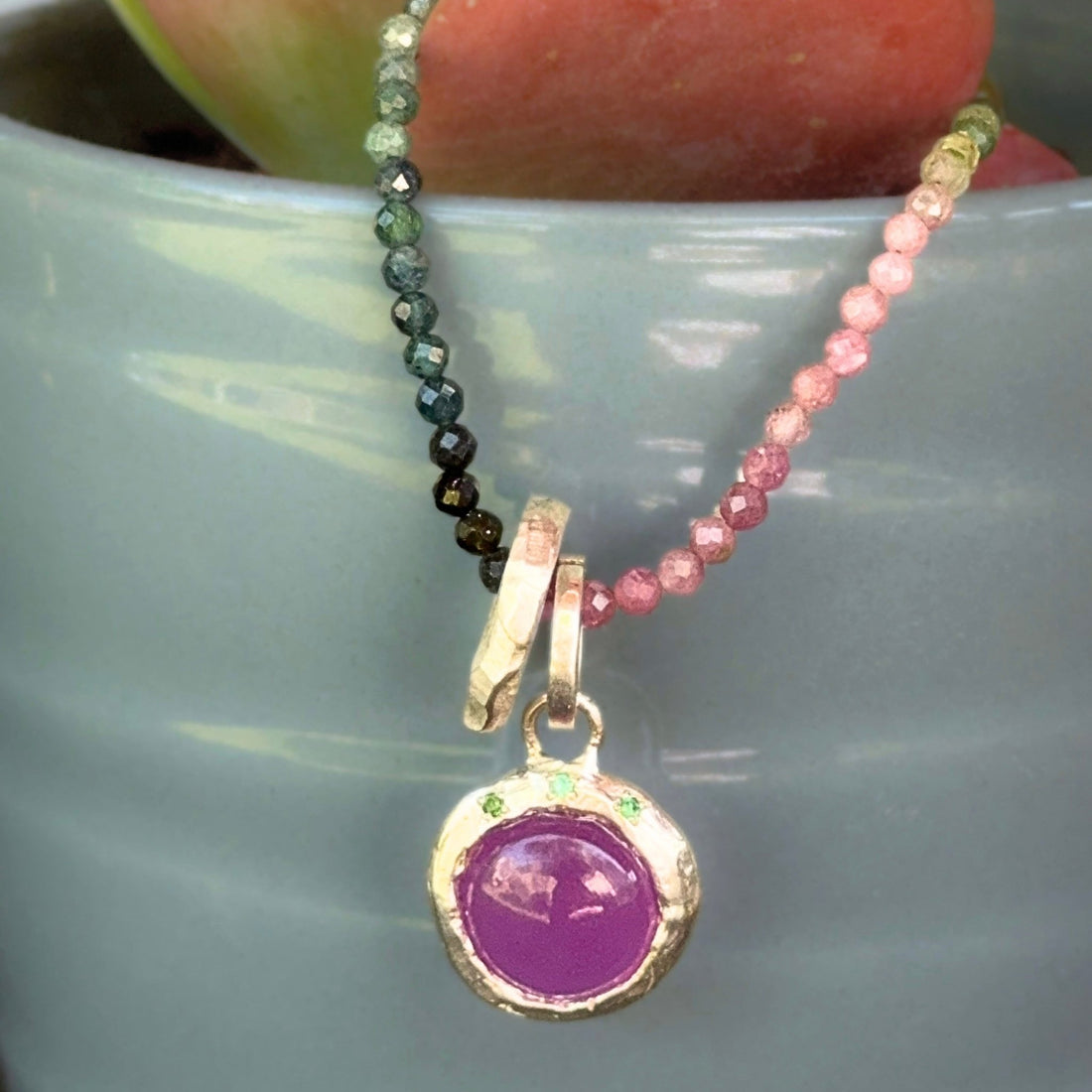 Gemdrop Juicy Chalcedony Charm Necklace - Chocolate and Steel