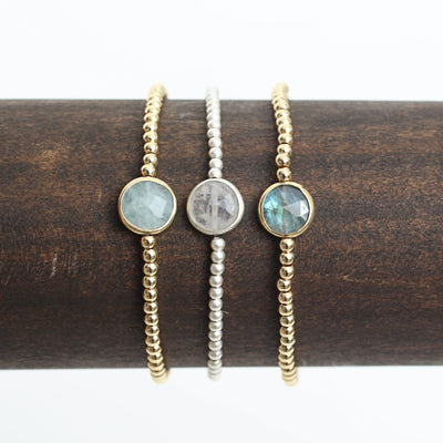 Gold Bead Bracelet Gemstone Aquamarine, Moonstone, Labradorite - Seabreeze Bracelet - Chocolate and Steel