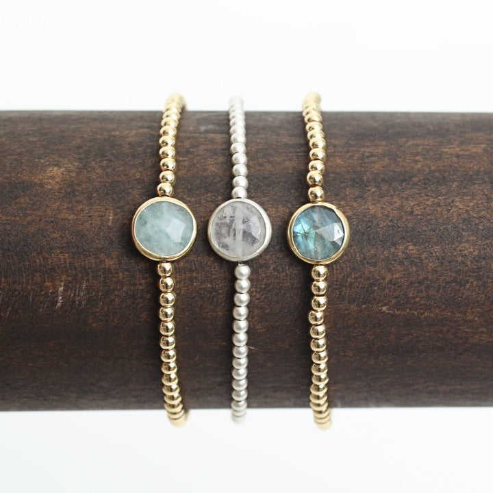 Gold Bead Bracelet Gemstone Aquamarine, Moonstone, Labradorite - Seabreeze Bracelet - Chocolate and Steel