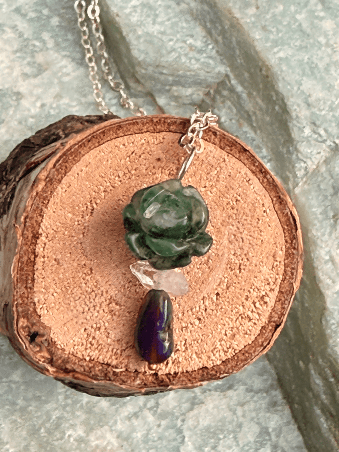 Jade Rosette, Herkimer Diamond and Opal Pendant - Chocolate and Steel