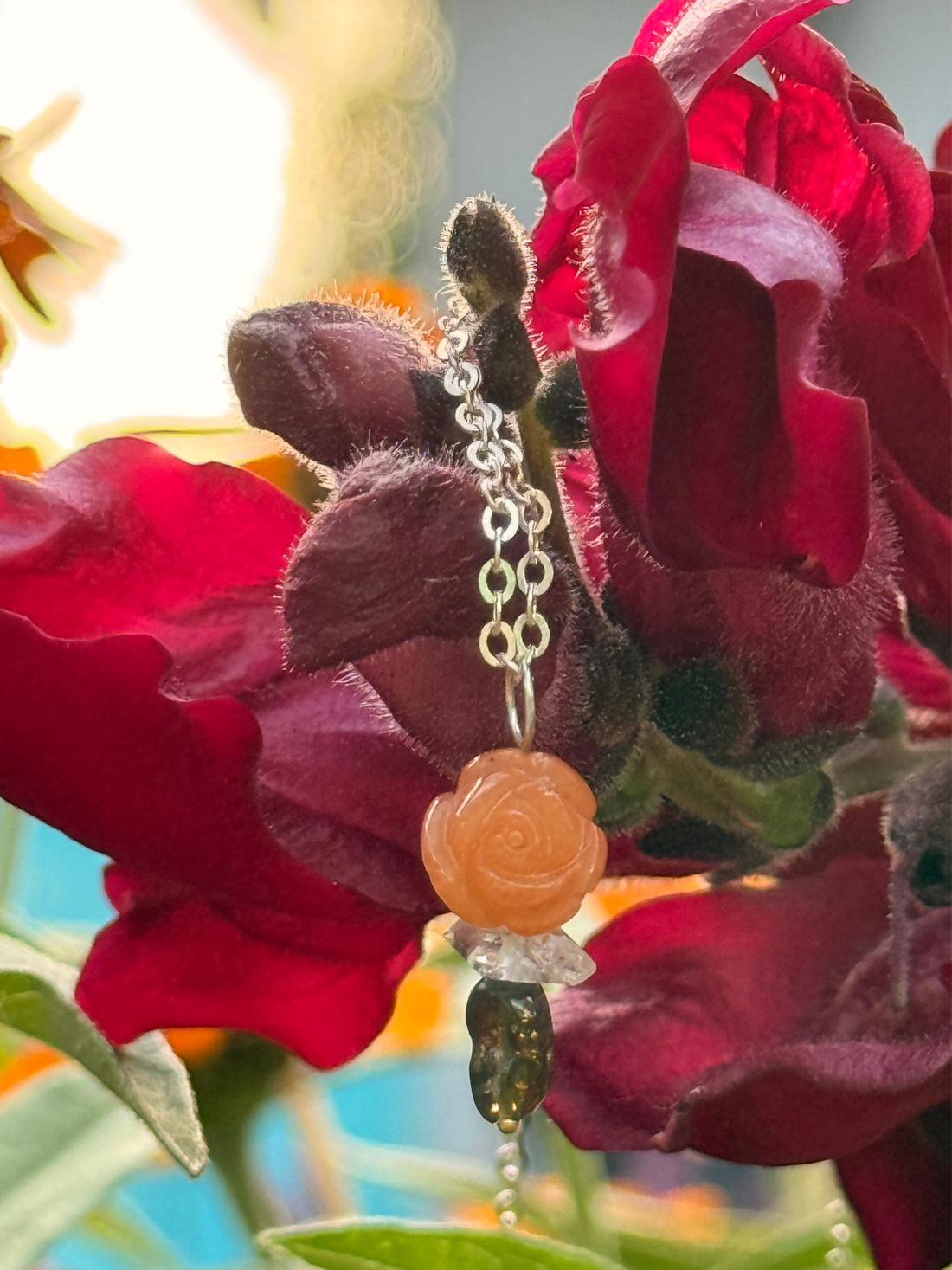 Jade Rosette, Herkimer Diamond and Opal Pendant - Chocolate and Steel