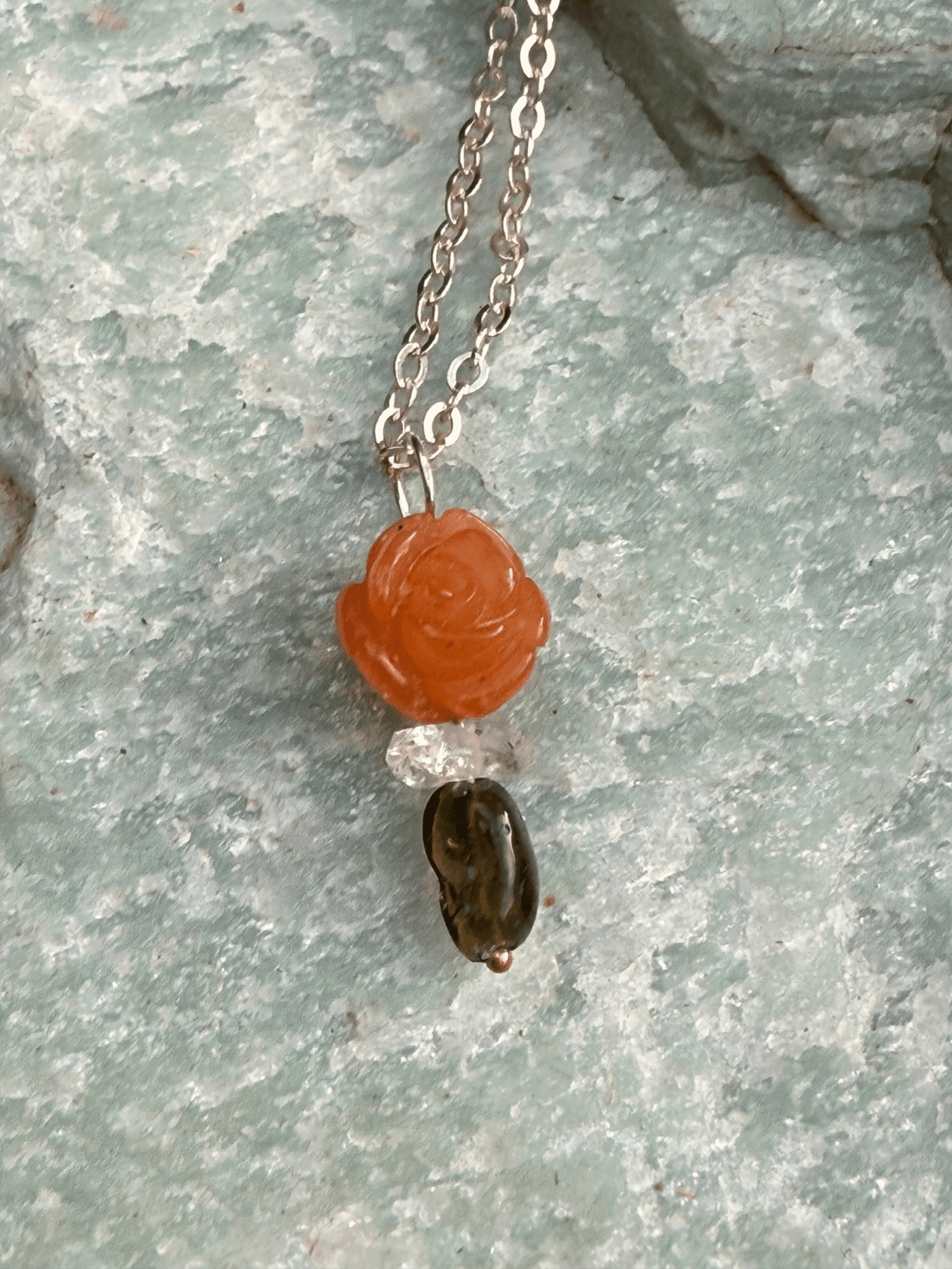 Jade Rosette, Herkimer Diamond and Opal Pendant - Chocolate and Steel