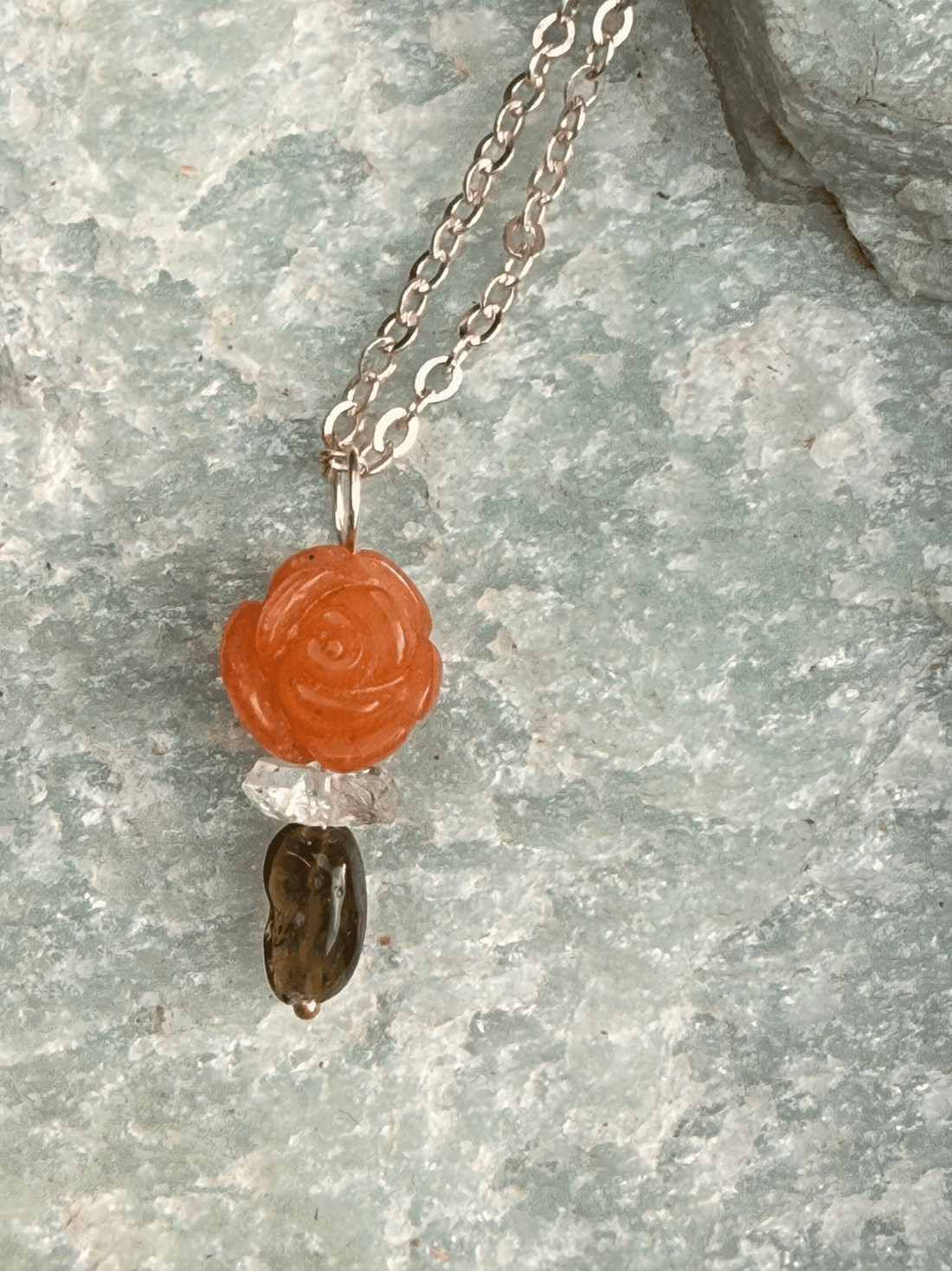 Jade Rosette, Herkimer Diamond and Opal Pendant - Chocolate and Steel