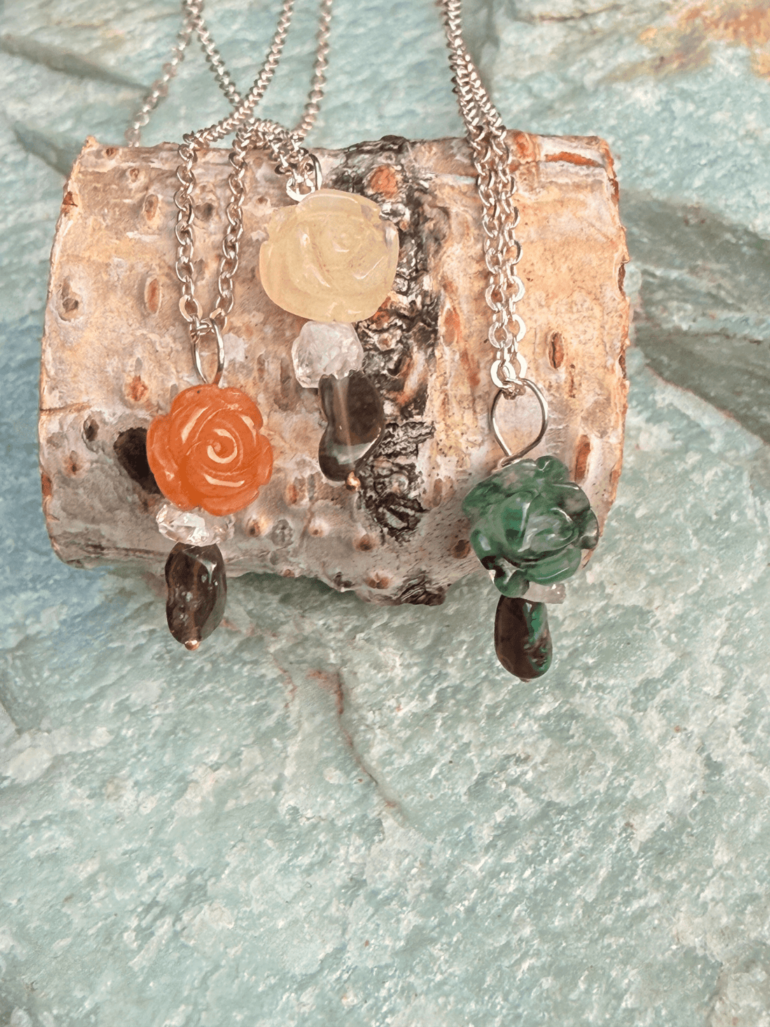 Jade Rosette, Herkimer Diamond and Opal Pendant - Chocolate and Steel