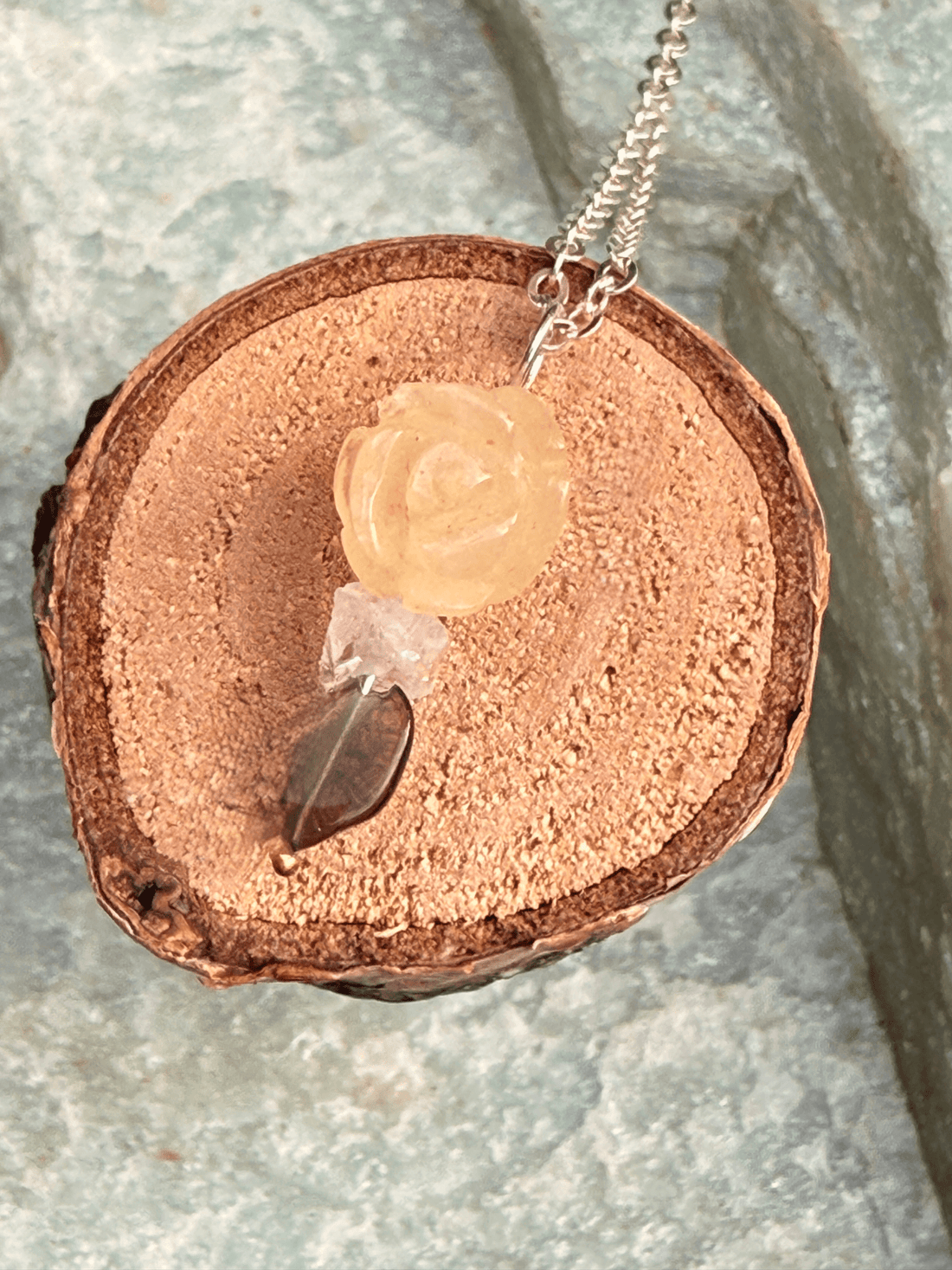 Jade Rosette, Herkimer Diamond and Opal Pendant - Chocolate and Steel