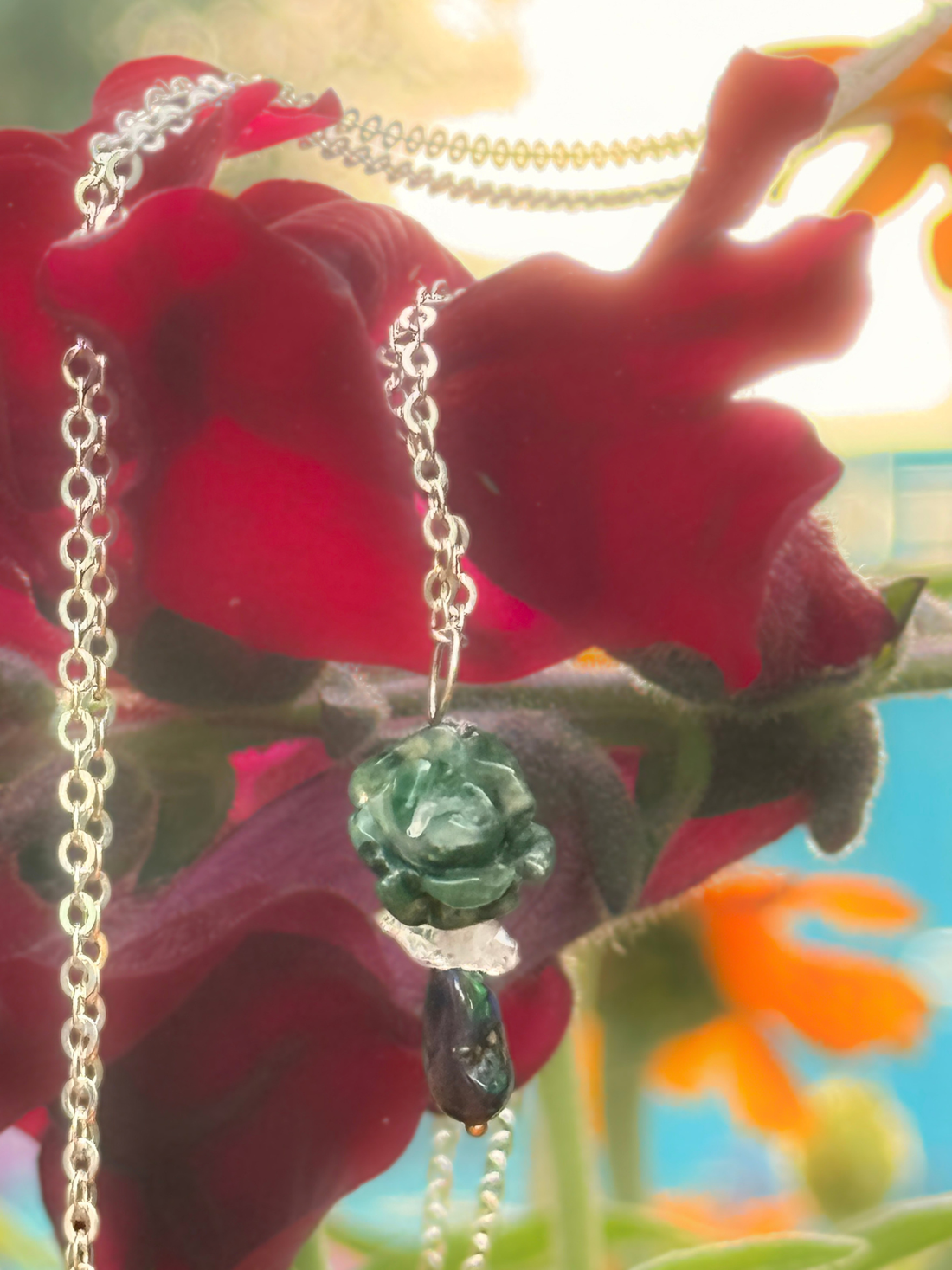 Jade Rosette, Herkimer Diamond and Opal Pendant - Chocolate and Steel