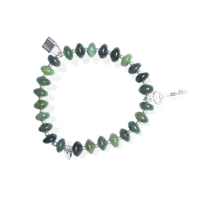 Love Locked Stretch Bracelet – Green Jade & Sterling Silver Charms - Chocolate and Steel