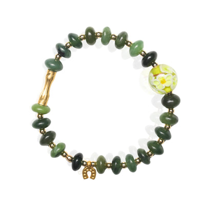 Lucky Lime Stretch Bracelet – Green Jade, Floral Glass & Gold Fill Charm - Chocolate and Steel