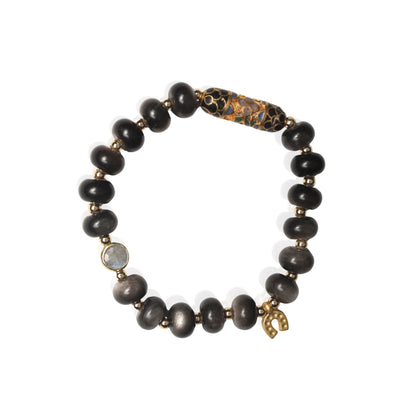Lucky Shadow Stretch Bracelet – Obsidian, Labradorite & Vintage Enamel - Chocolate and Steel