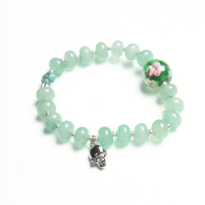 Moonlight Bloom Stretch Bracelet – Blue Aventurine, Vintage Glass & Silver Skull - Chocolate and Steel
