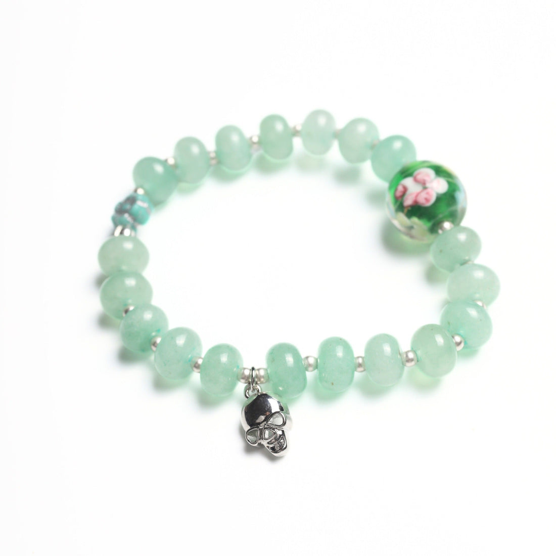 Moonlight Bloom Stretch Bracelet – Blue Aventurine, Vintage Glass & Silver Skull - Chocolate and Steel