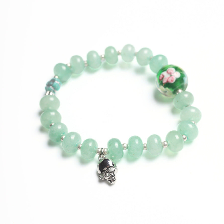 Moonlight Bloom Stretch Bracelet – Blue Aventurine, Vintage Glass & Silver Skull - Chocolate and Steel