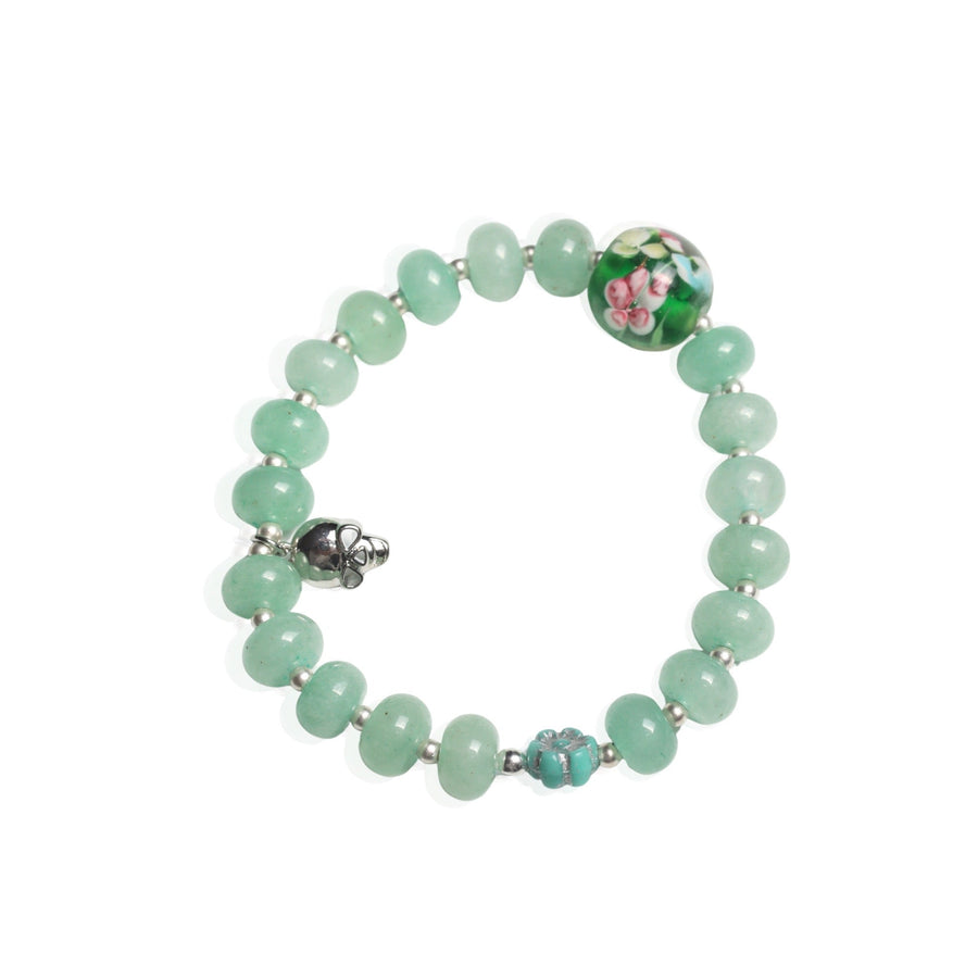 Moonlight Bloom Stretch Bracelet – Blue Aventurine, Vintage Glass & Silver Skull - Chocolate and Steel