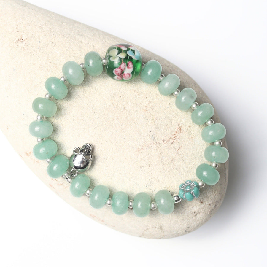 Moonlight Bloom Stretch Bracelet – Blue Aventurine, Vintage Glass & Silver Skull - Chocolate and Steel