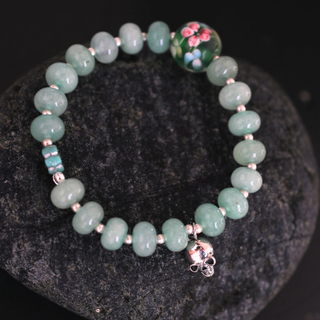 Moonlight Bloom Stretch Bracelet – Blue Aventurine, Vintage Glass & Silver Skull - Chocolate and Steel