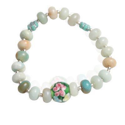 Seafoam Bloom Stretch Bracelet – Amazonite & Vintage Glass Beads - Chocolate and Steel