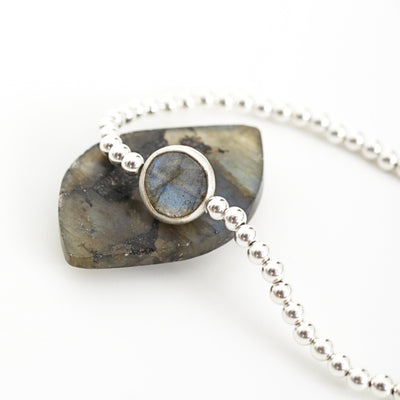 Silver Bead Bracelet Gemstone Aquamarine, Moonstone, Labradorite - Seabreeze Bracelet - Chocolate and Steel