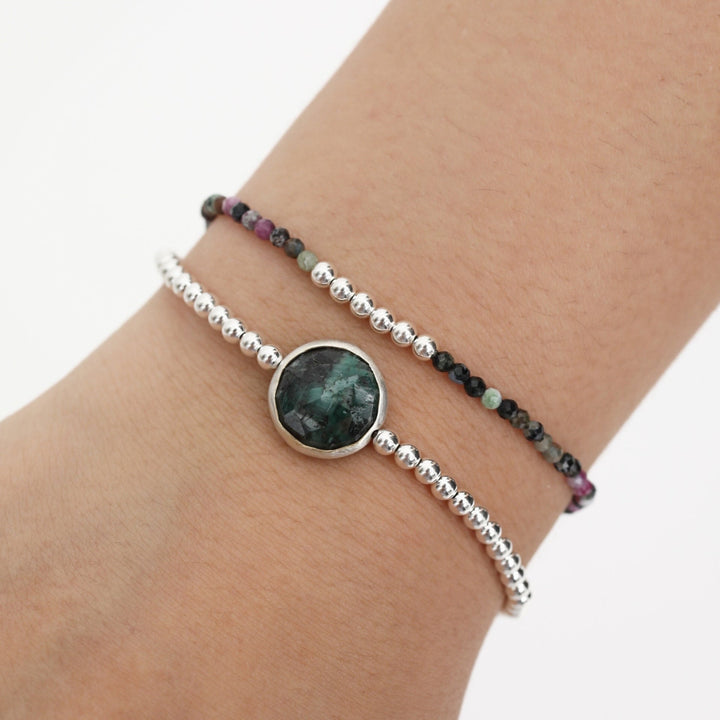 Silver Bead Bracelet with Pearl or Emerald - Seabreeze Bracelet - Chocolate and Steel