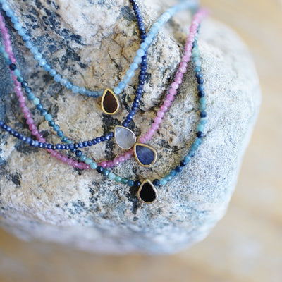 Sugartown Faceted Gemstone Necklace with Teardrop Charm - Chocolate and Steel