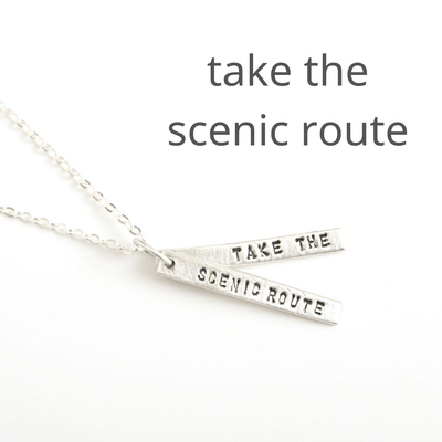 “Take the scenic route” Quote Necklace Pendant - Chocolate and Steel
