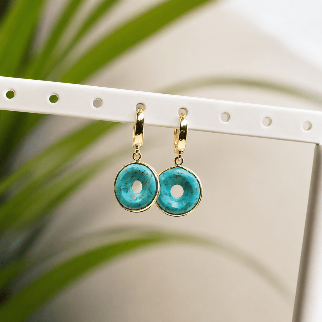 Time is a Healer Turquoise and Moonstone Huggie Hoops - Chocolate and Steel