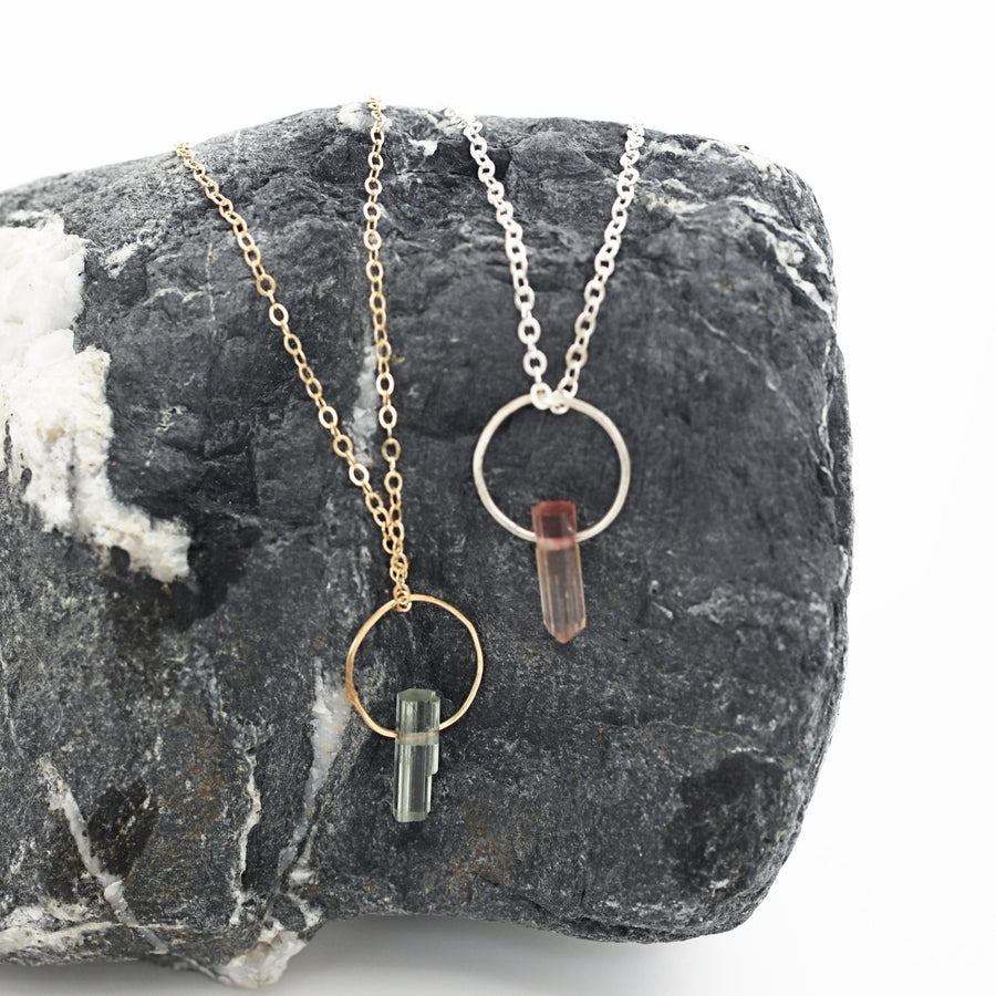 Tourmaline Gemstone Point Necklace - Chocolate and Steel