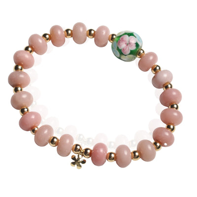 Vintage Bloom Stretch Bracelet – Pink Opal & Floral Charm - Chocolate and Steel