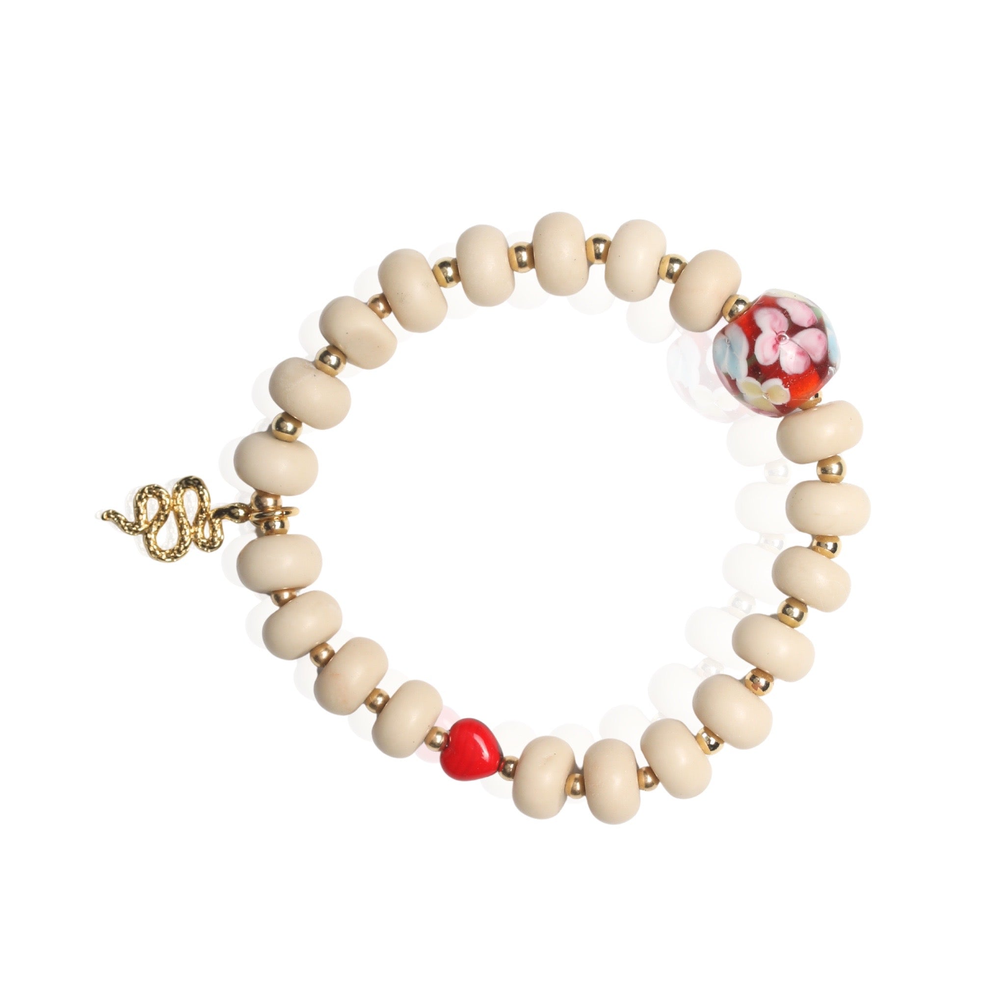 Wild Heart Stretch Bracelet – Fossil Jasper, Red Glass & Snake