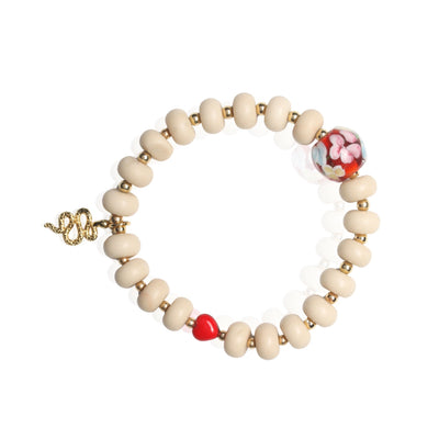 Wild Heart Stretch Bracelet – Fossil Jasper, Red Glass & Snake Charm - Chocolate and Steel