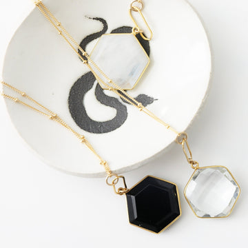 Athena Hexagon Gemstone Necklace - Chocolate and Steel