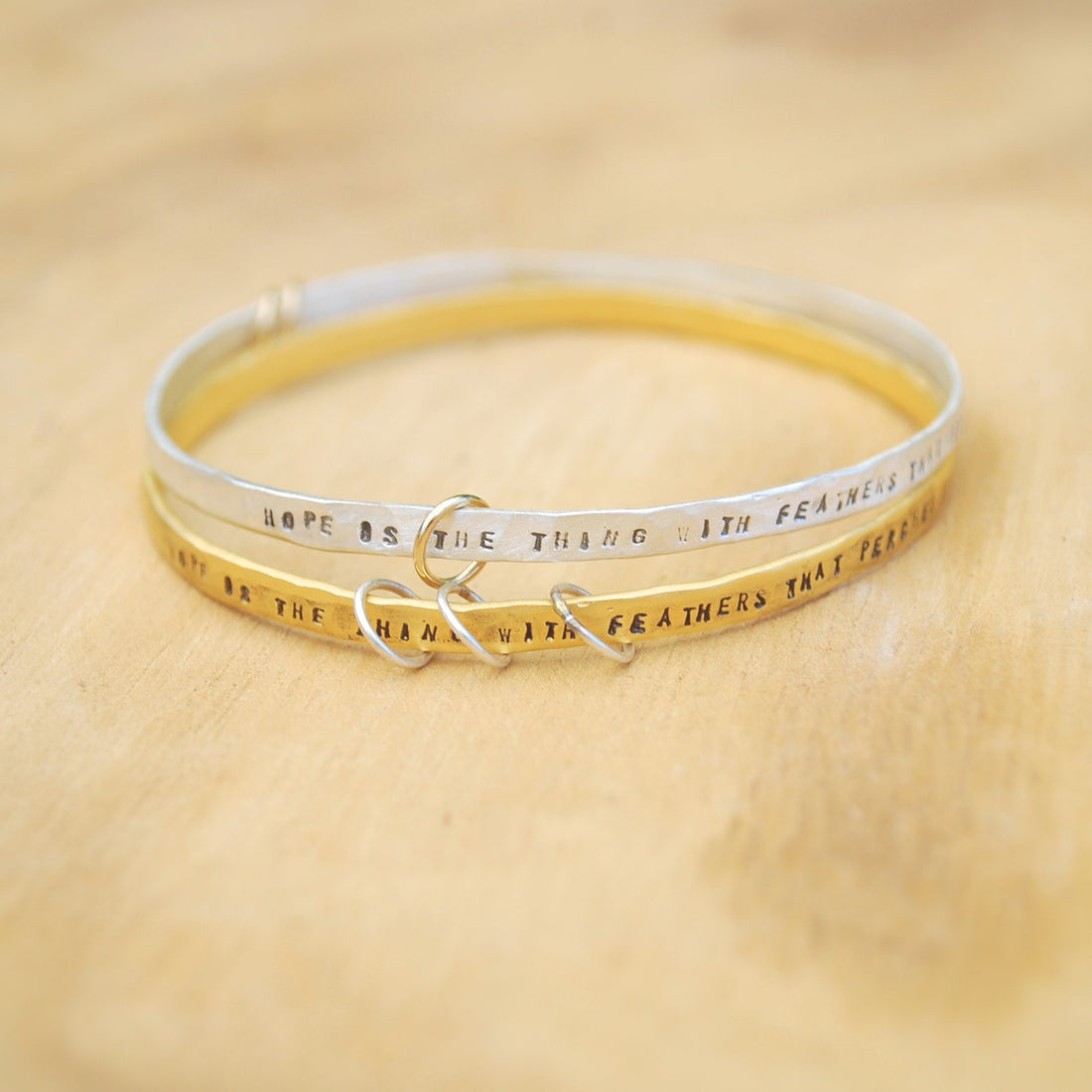"Hope is the thing with feathers" -Emily Dickinson three ring bangle bracelet - Chocolate and Steel