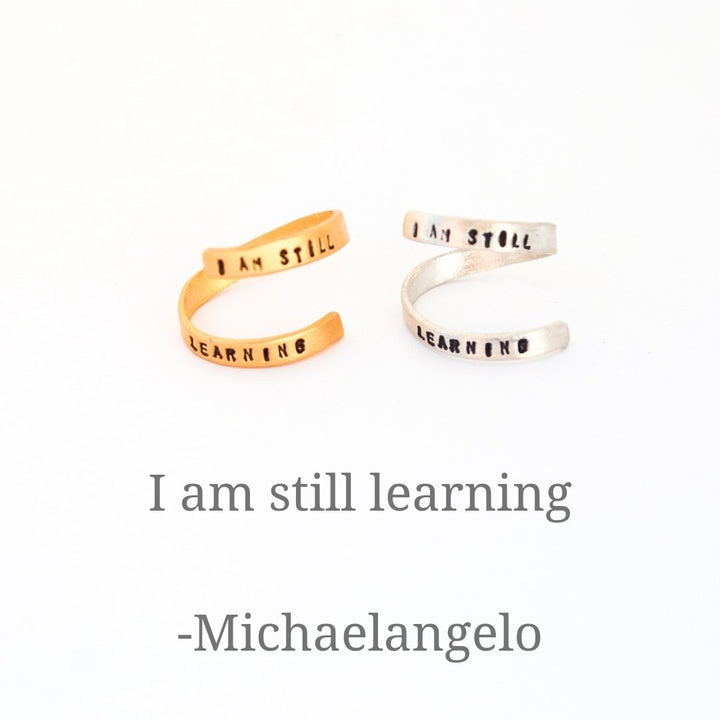 "I am Still Learning" -Michelangelo quote wrap ring - Chocolate and Steel