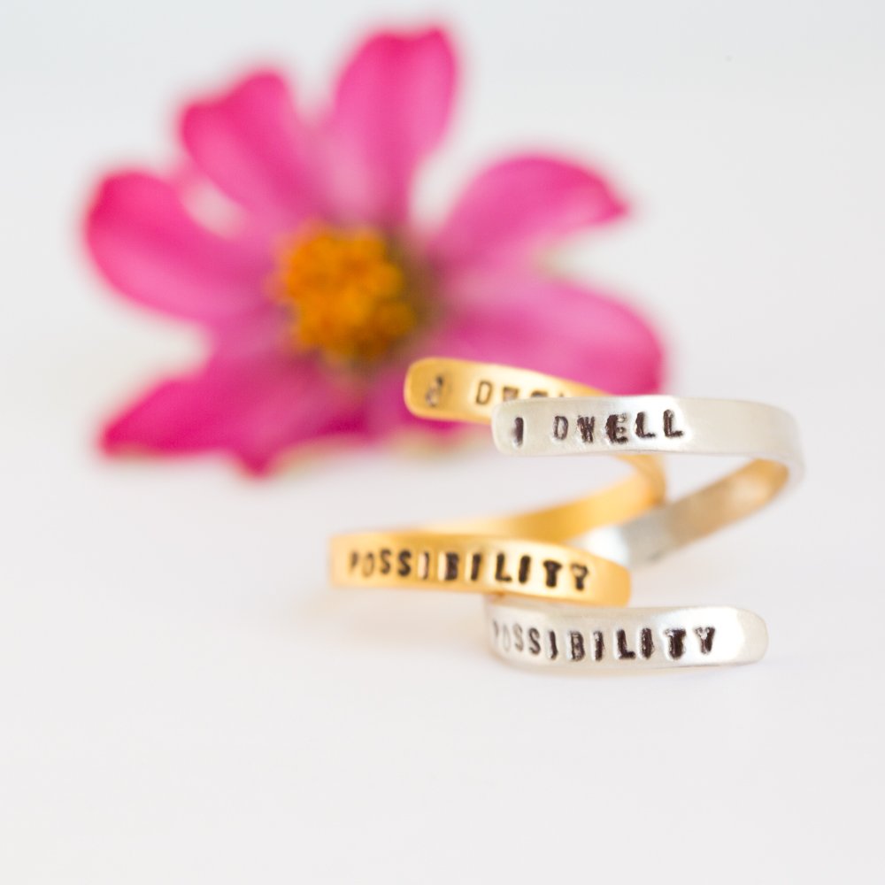 "I Dwell in Possibility" -Emily Dickinson wrap ring - Chocolate and Steel