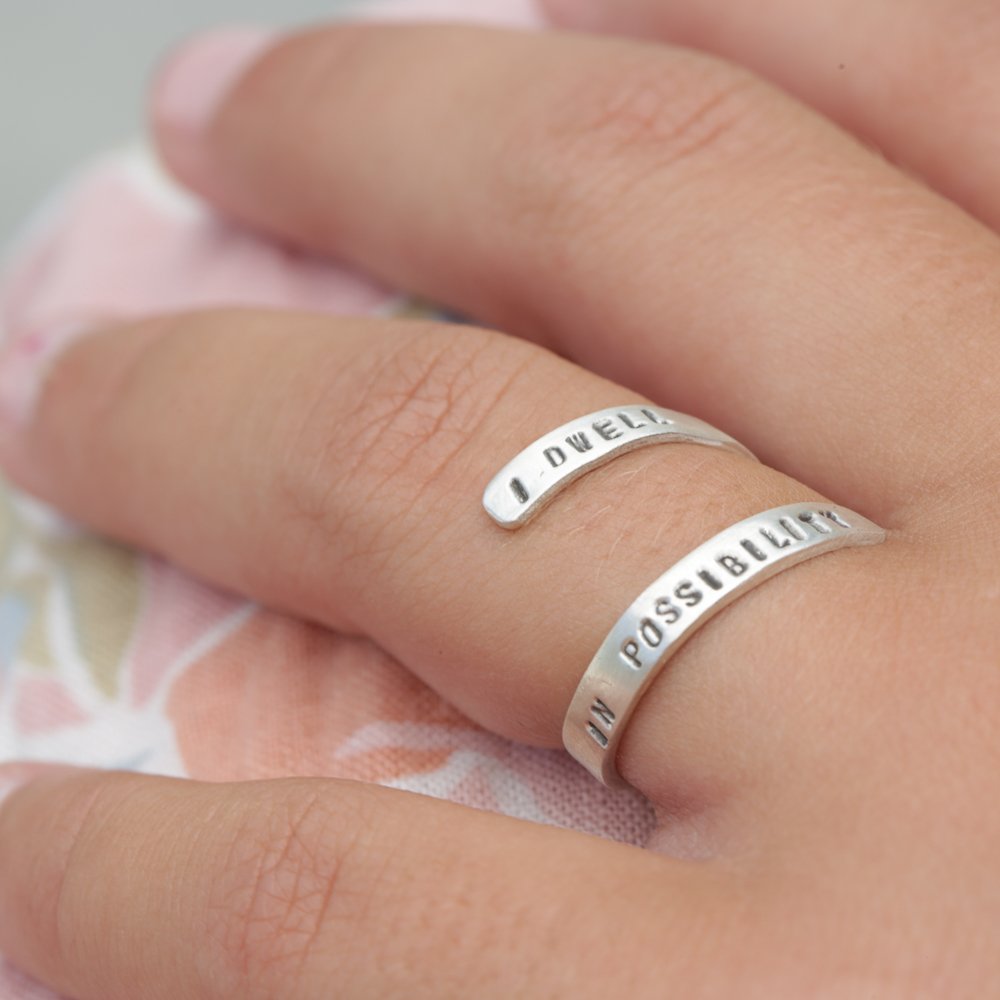 "I Dwell in Possibility" -Emily Dickinson wrap ring - Chocolate and Steel
