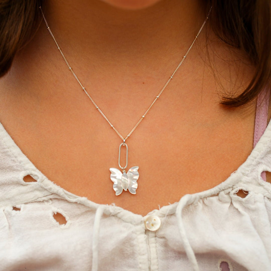 Indra Butterfly Necklace - Mother of Pearl - Chocolate and Steel