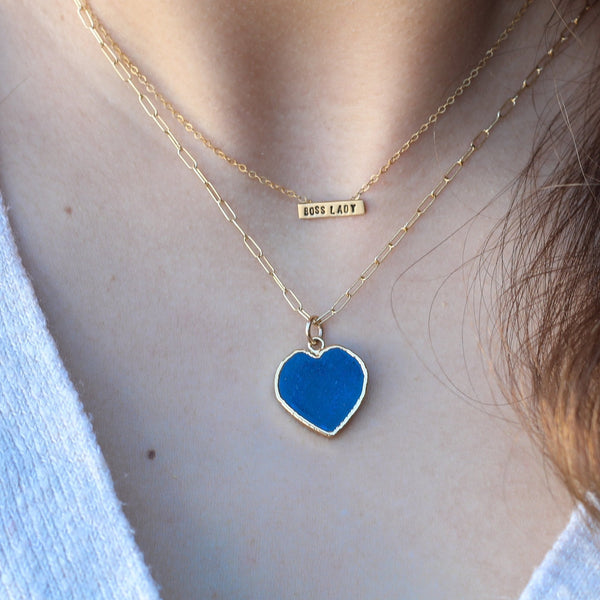 Isla Gemstone Heart Necklace with blue heart pendant on a gold-fill chain, birthstone-inspired charm.