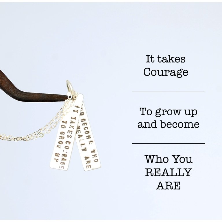 "It Takes Courage to Grow Up and Become Who You Really Are" -EE Cummings Quote Necklace - Chocolate and Steel