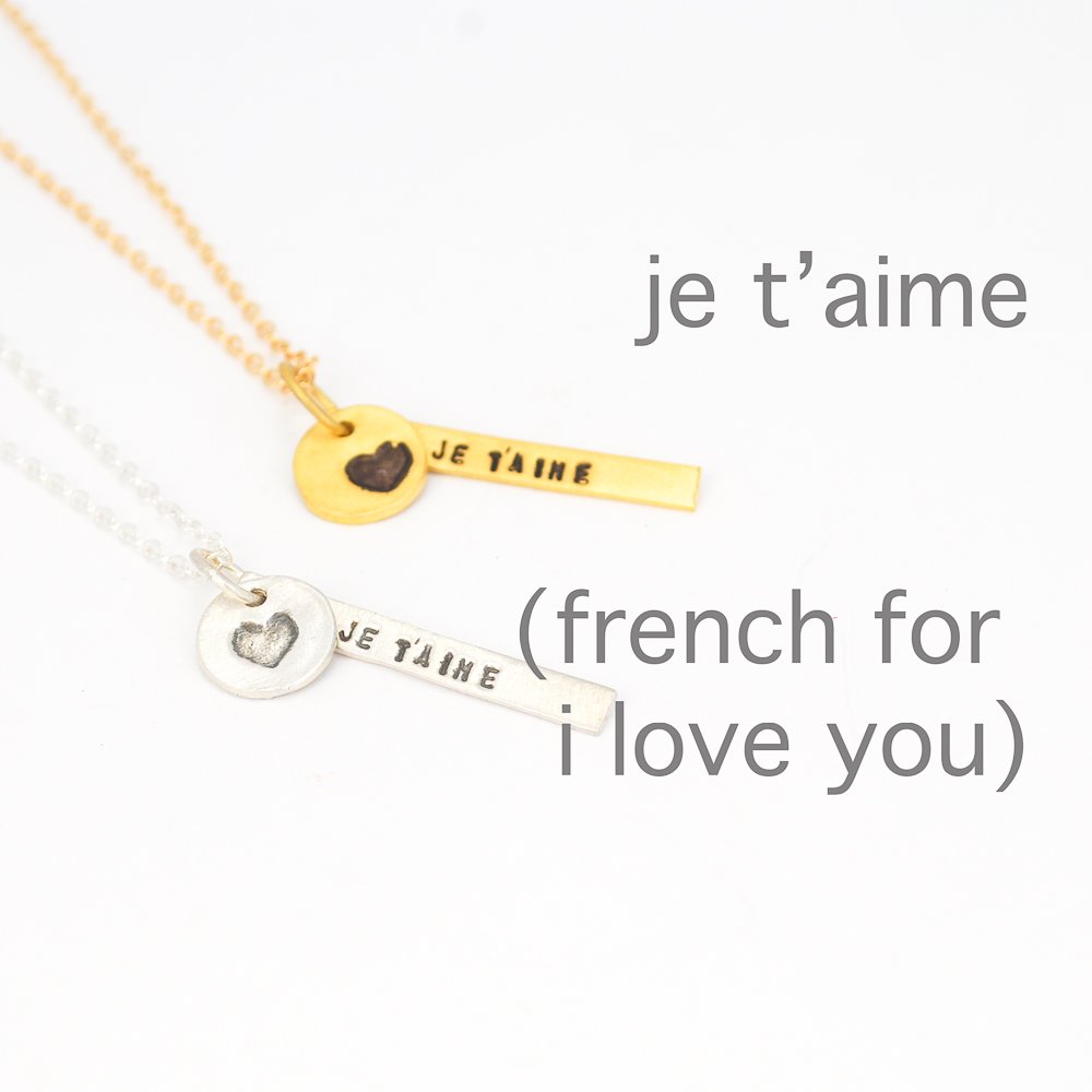 "Je t'aime," French for I Love You, Quote necklace - Chocolate and Steel