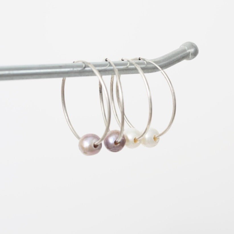 Large Floating Pearl Hoop Earrings - Chocolate and Steel
