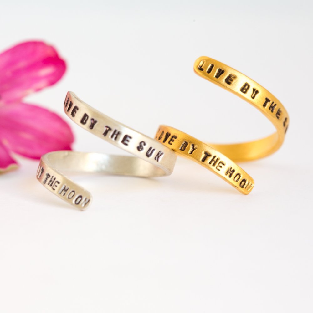 "Live by the sun, love by the moon" quote wrap ring - Chocolate and Steel