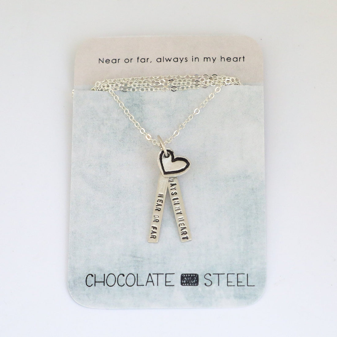 "Near or Far Always in My Heart" Quote Necklace - Chocolate and Steel