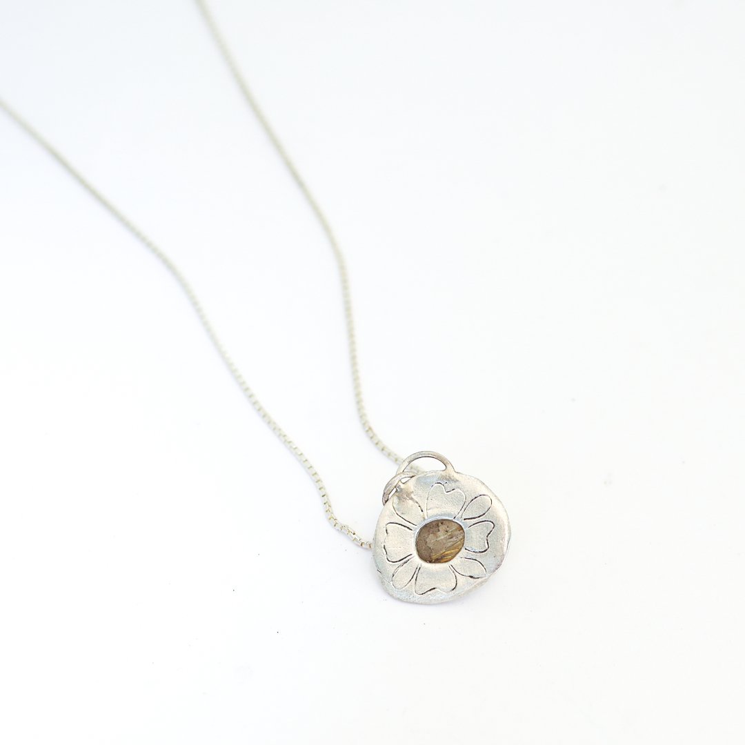 One of a Kind Rutilated Quartz Carved Flower Necklace. - Chocolate and Steel