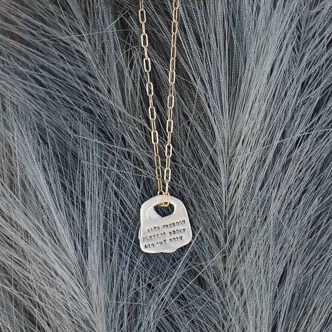 Oscar Wilde Rune Quote Necklace "With freedom, flowers, books, and the moon, who could not be perfectly happy?" - Chocolate and Steel