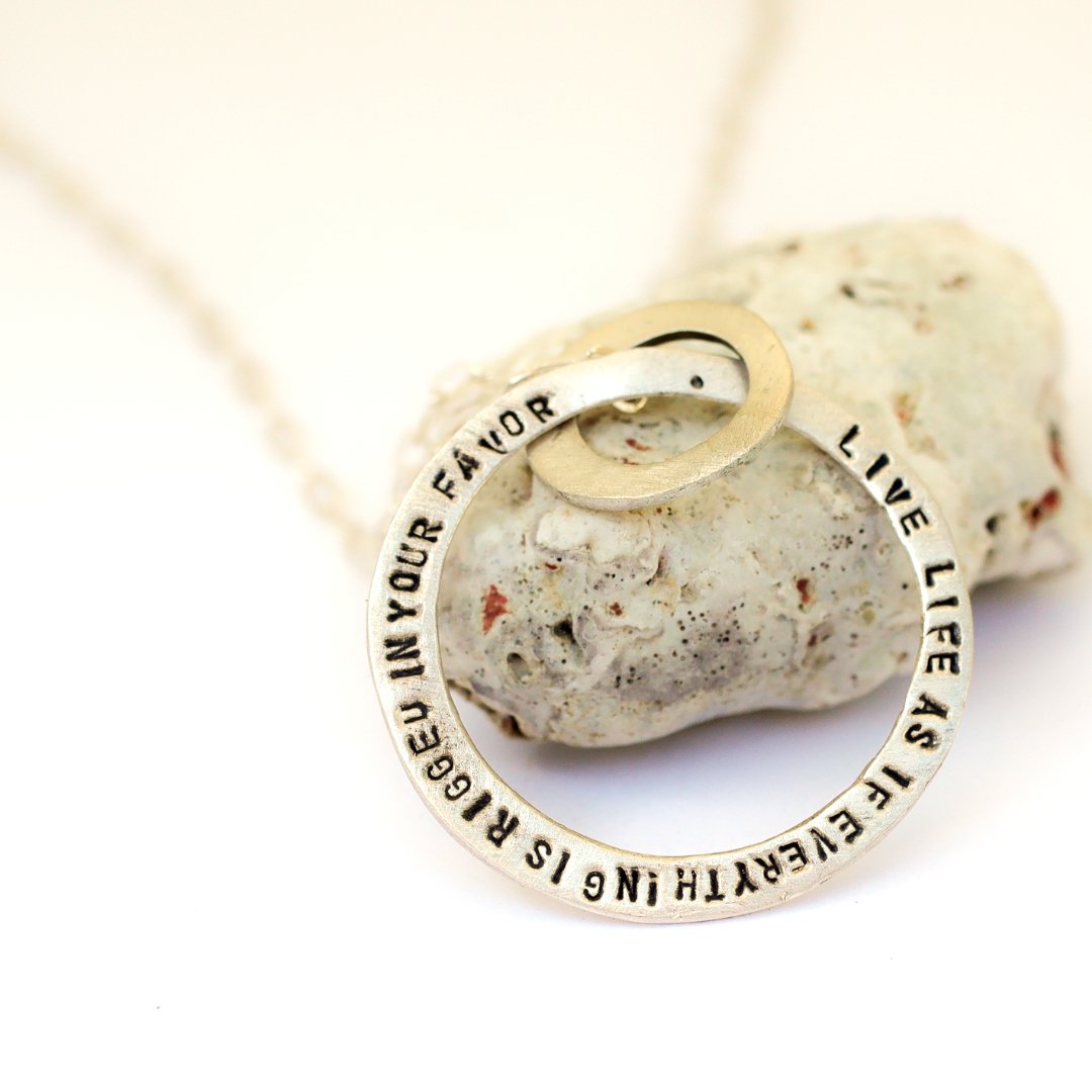 Rumi Message Circle Necklace "Live life as if it is rigged in your favor" - Chocolate and Steel