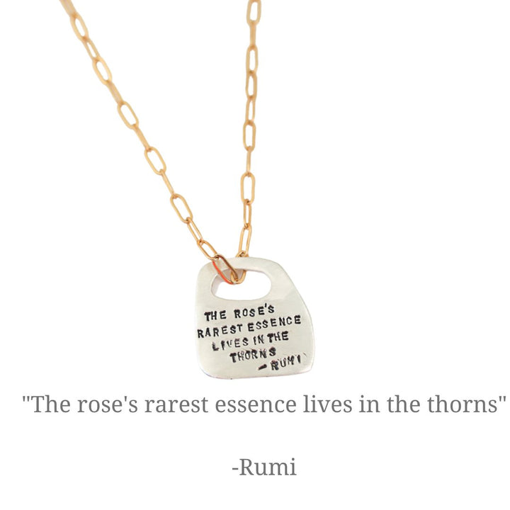 Rumi Rune Quote Necklace "The Rose's Rarest Essence Lives in the Thorns" - Chocolate and Steel