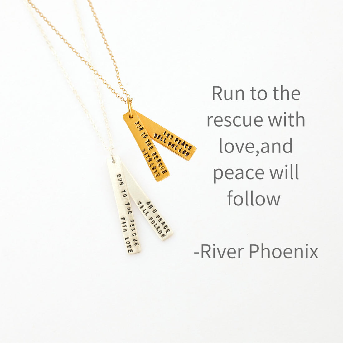"Run to the rescue with love, and peace will follow" -River Phoenix Quote Necklace - Chocolate and Steel