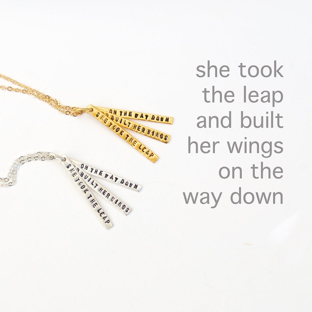 "She took the leap and built her wings on the way down" quote necklace - Chocolate and Steel