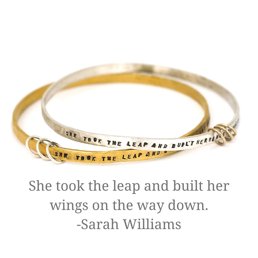 "She took the leap and built her wings on the way down" - three ring bangle - Chocolate and Steel