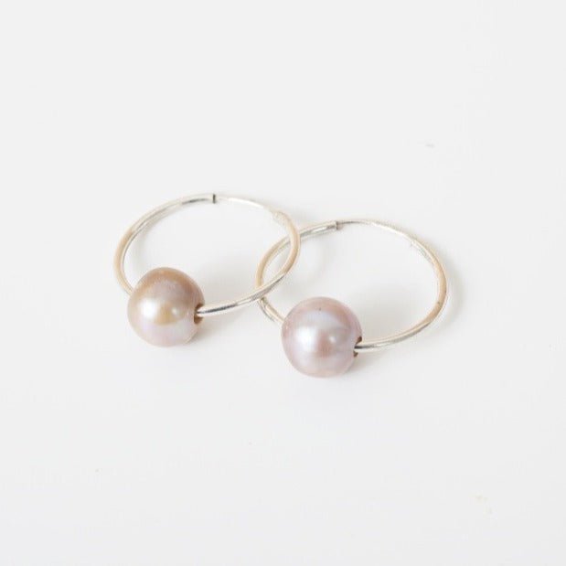 Small Floating Pearl Hoop Earrings - Chocolate and Steel